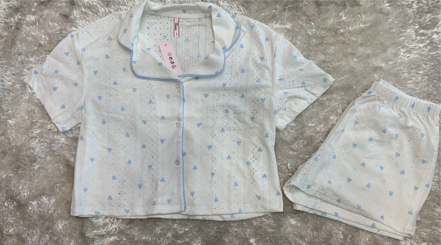 pigiama donna aperto avanti traforato mezza manica e pantaloncini  fantasia cuoricini