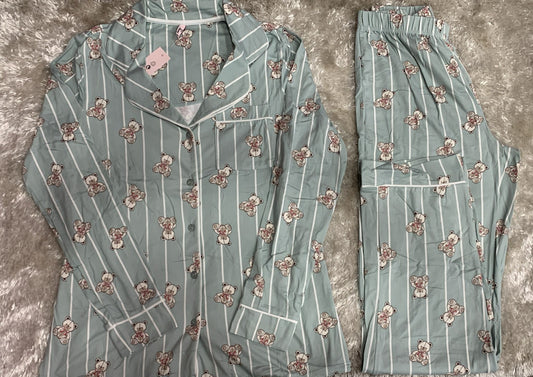 pigiama donna aperto avanti con taschino lato cuore in cotone elasticizzato  fantasia teddy fiocco