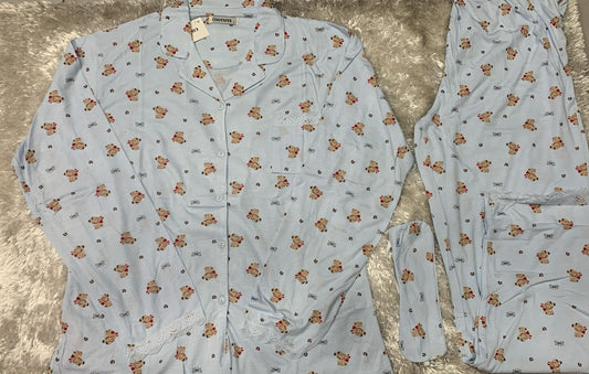 pigiama aperto avanti donna con taschino lato cuore in cotone elasticizzato + benda in omaggio  fantasia orsetto e fiocchi