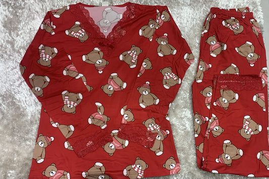 Pigiama scollo v donna con pizzo cotone elastico  fantasia Orsetto e sciarpa