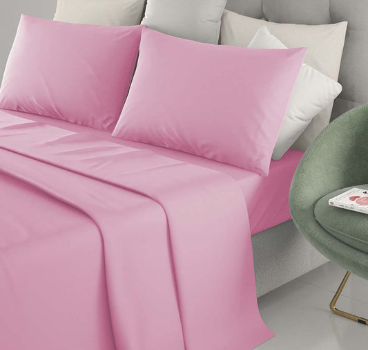 Completo letto matrimoniale tinta unita in puro cotone . lenzuola sopra 250x290 cm lenzuolo sotto con angoli maxi 175x200 2 federe 52x82 colore Rosa